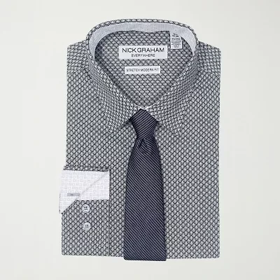 Nick Graham Mens Spread Collar Long Sleeve Shirt + Tie Set Fitted