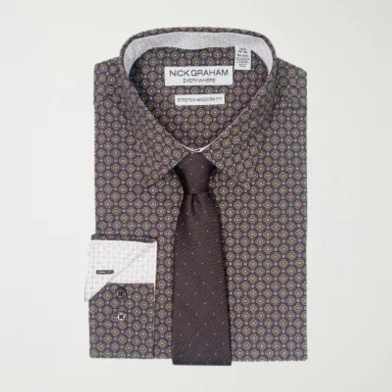 Nick Graham Mens Spread Collar Long Sleeve Shirt + Tie Set Fitted
