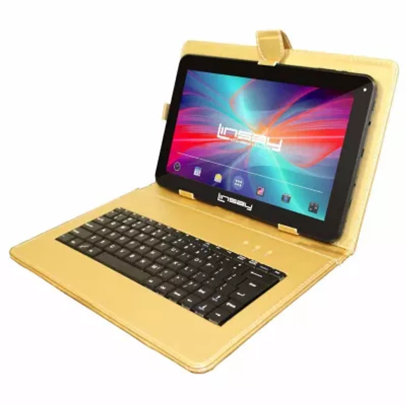 10.1" Quad Core 2GB RAM 32GB Storage Android 12 Tablet with Golden Leather Keyboard"