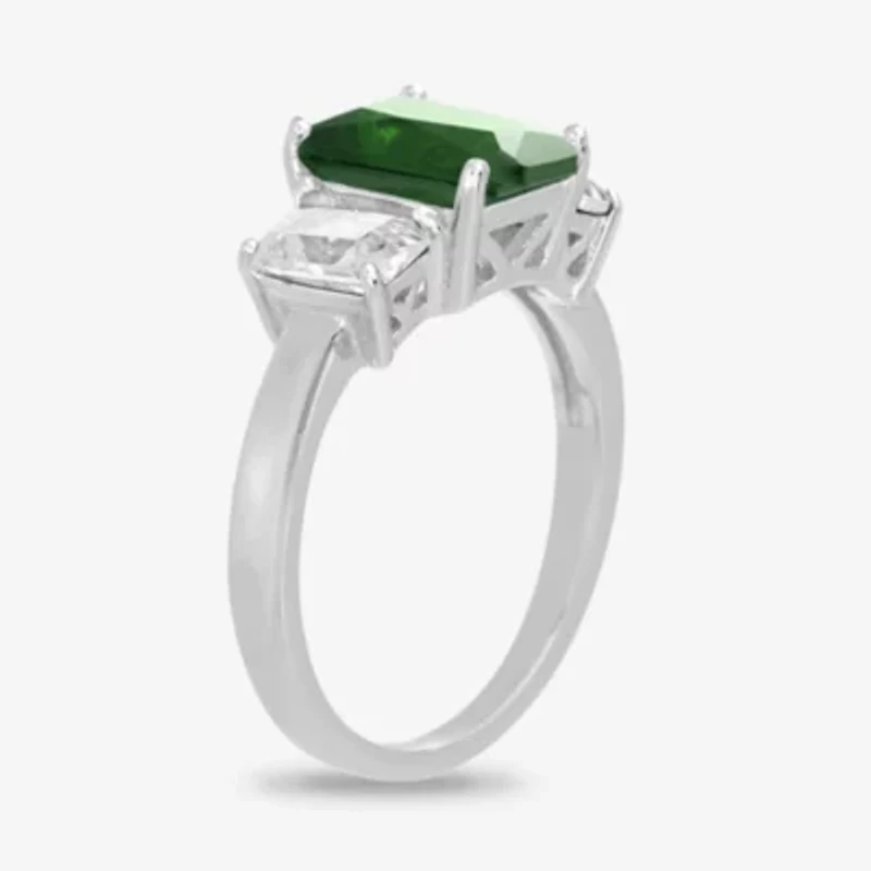Silver Treasures Lab Created Emerald & Cubic Zirconia Sterling Silver Side Stone Cocktail Ring