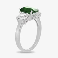 Silver Treasures Lab Created Emerald & Cubic Zirconia Sterling Silver Side Stone Cocktail Ring