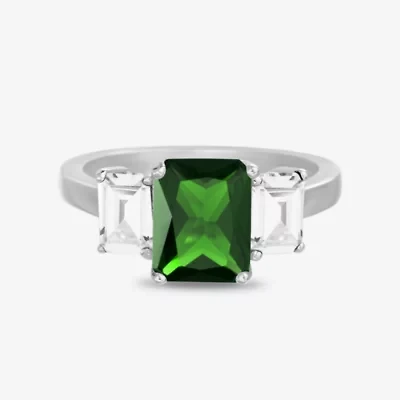 Silver Treasures Lab Created Emerald & Cubic Zirconia Sterling Silver Side Stone Cocktail Ring