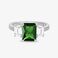 Silver Treasures Lab Created Emerald & Cubic Zirconia Sterling Silver Side Stone Cocktail Ring