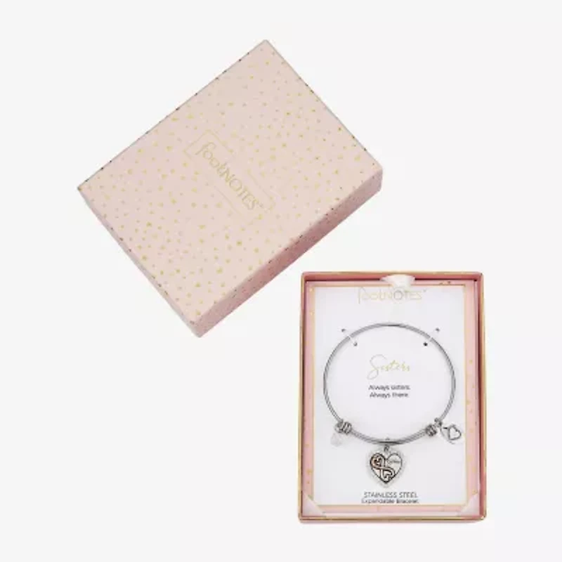 Footnotes Sister Womens Crystal Stainless Steel Heart Bangle Bracelet