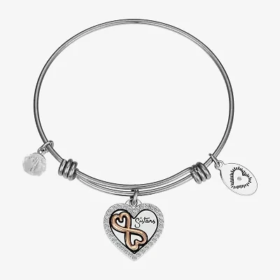 Footnotes Sister Womens Crystal Stainless Steel Heart Bangle Bracelet