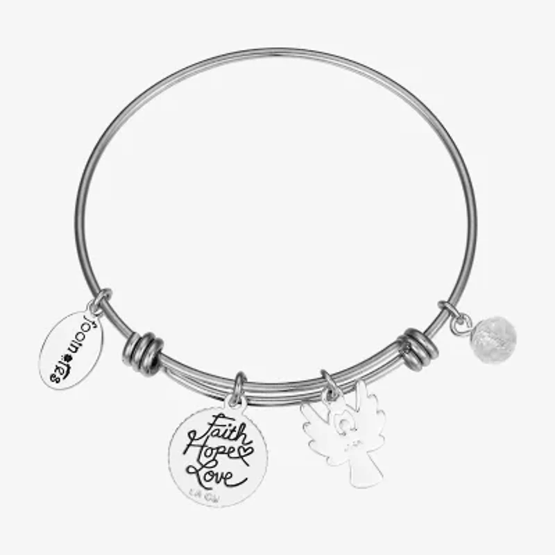 Footnotes Womens Crystal Stainless Steel Angel Cross Bangle Bracelet