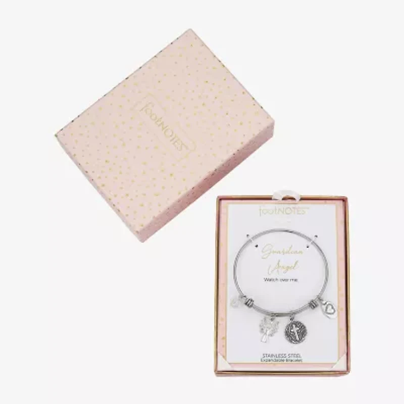 Footnotes Womens Crystal Stainless Steel Angel Cross Bangle Bracelet