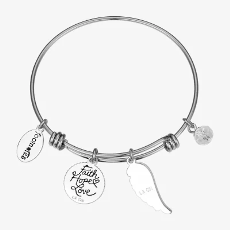 Footnotes Faith Womens Crystal Stainless Steel Angel Cross Wing Bangle Bracelet