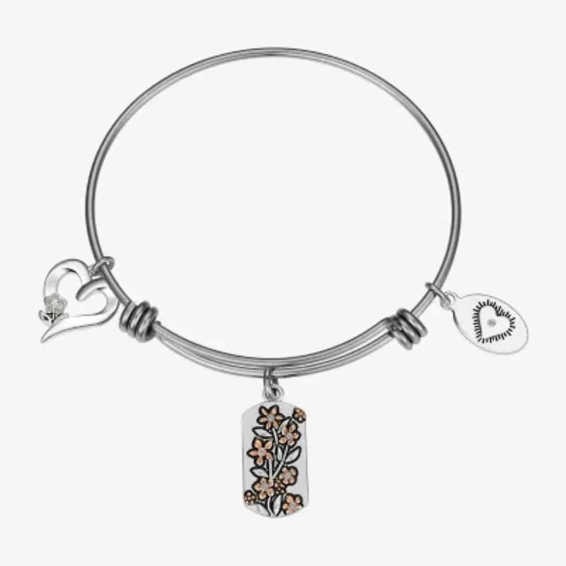 Footnotes Friend Womens Crystal Stainless Steel Flower Heart Bangle Bracelet