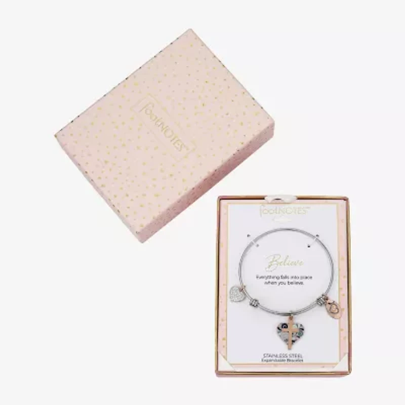 Footnotes Womens Stainless Steel Cross Heart Bangle Bracelet