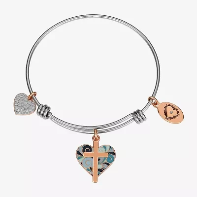 Footnotes Womens Stainless Steel Cross Heart Bangle Bracelet