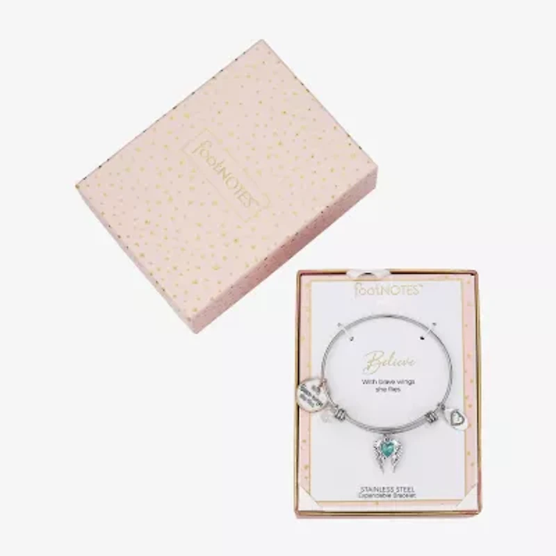 Footnotes Womens Blue Crystal Stainless Steel Heart Wing Bangle Bracelet