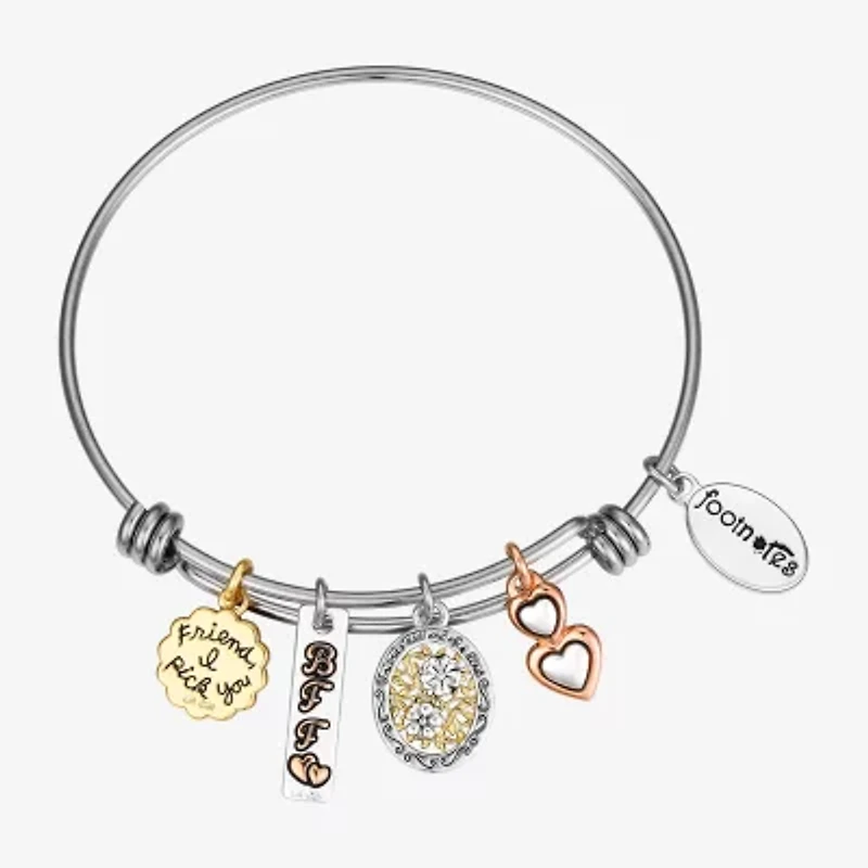 Footnotes Best Friend Womens Stainless Steel Flower Heart Oval Bangle Bracelet