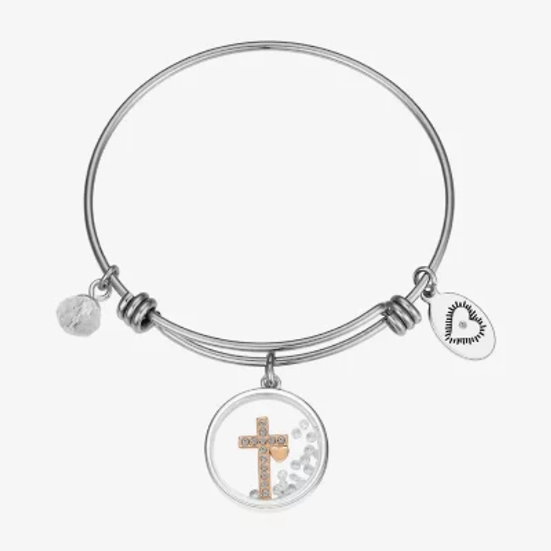 Footnotes Womens Cubic Zirconia Stainless Steel Cross Bangle Bracelet