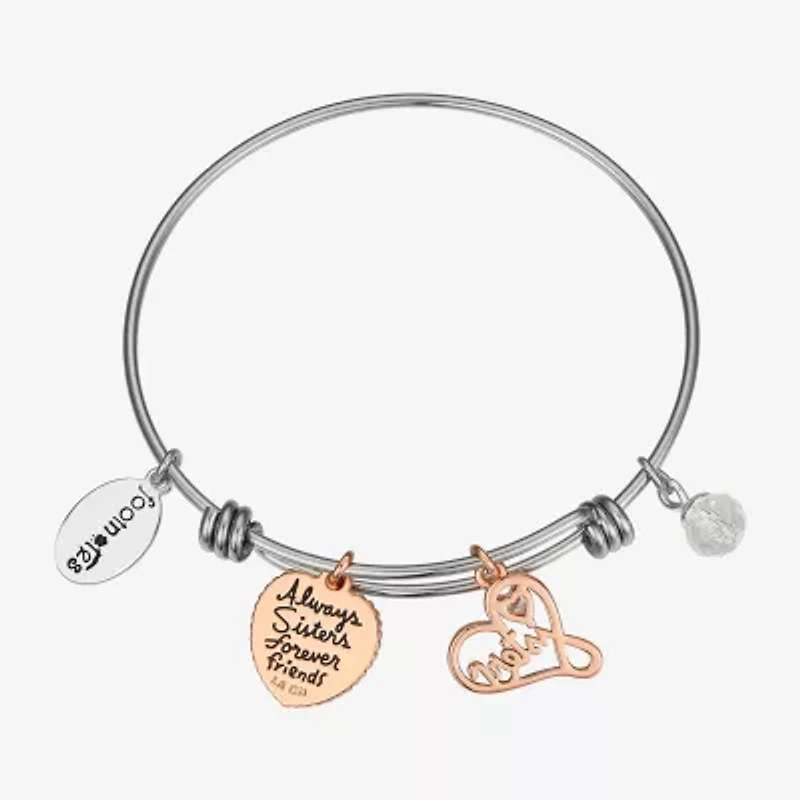 Footnotes Sisters Womens Crystal Stainless Steel Heart Bangle Bracelet