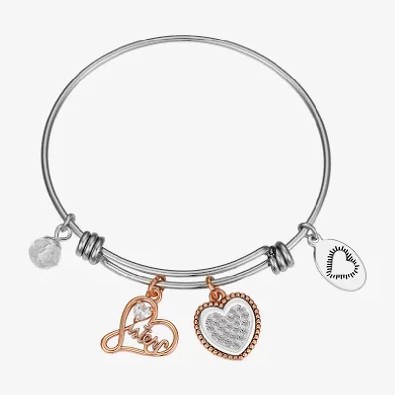 Footnotes Sisters Womens Crystal Stainless Steel Heart Bangle Bracelet