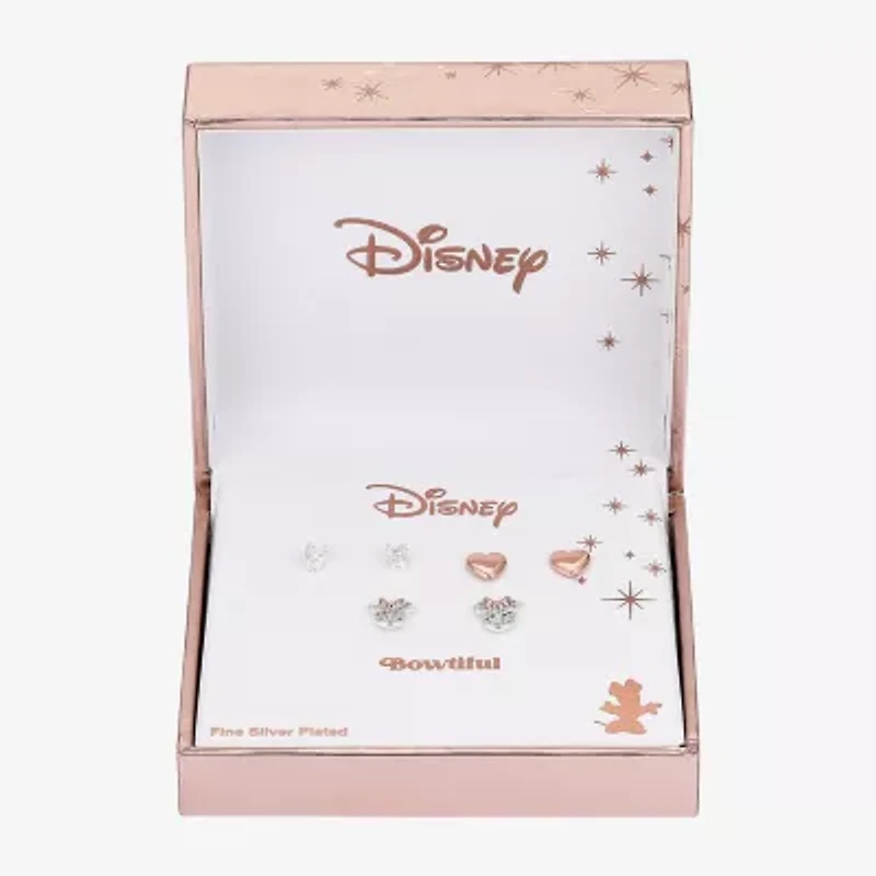 Disney Classics Stud Womens Cubic Zirconia Heart Minnie Mouse 3 Pair Earring Set