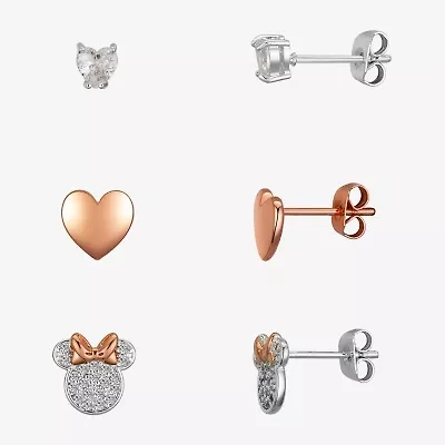Disney Classics Stud Womens Cubic Zirconia Heart Minnie Mouse 3 Pair Earring Set