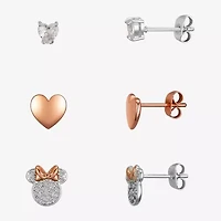 Disney Classics Stud Womens Cubic Zirconia Heart Minnie Mouse 3 Pair Earring Set
