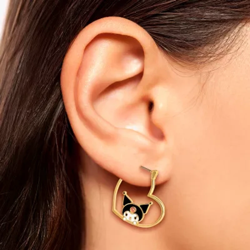 Womens Crystal 18K Gold Over Brass 26mm Heart Hello Kitty Kuromi Hoop Earrings