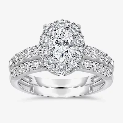 (I / I1) Womens 2 CT. T.W. Lab Grown White Diamond 10K Gold Oval Side Stone Bridal Set
