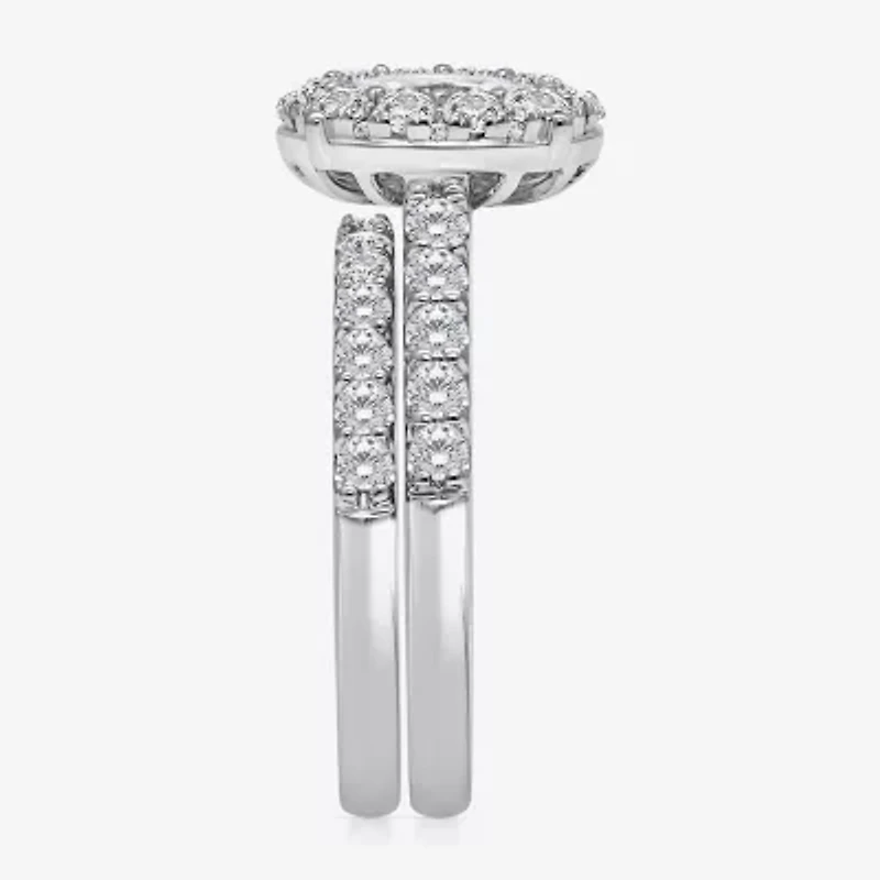 (I / I1) Womens 2 CT. T.W. Lab Grown White Diamond 10K Gold Oval Side Stone Bridal Set