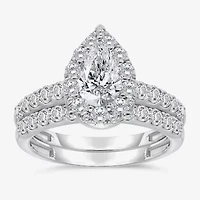 (I / I1) Womens 2 CT. T.W. Lab Grown White Diamond 10K Gold Pear Side Stone Bridal Set