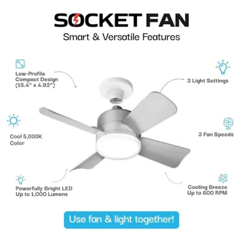 Bell + Howell Socket With Cool Lighting And Remote Control 1000 Lumens Ceiling Fan