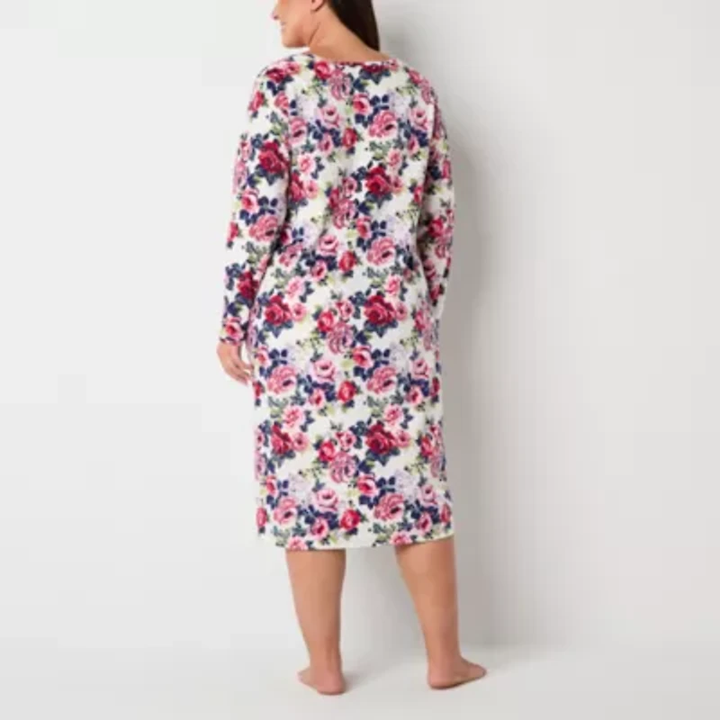 Adonna Womens Fleece Square Neck Long Sleeve Plus Nightgown