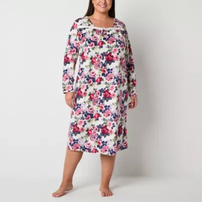 Adonna Womens Fleece Square Neck Long Sleeve Plus Nightgown