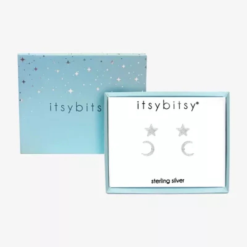 Itsy Bitsy Womens Cubic Zirconia Sterling Silver Moon Star Hypoallergenic 2 Pair Earring Set