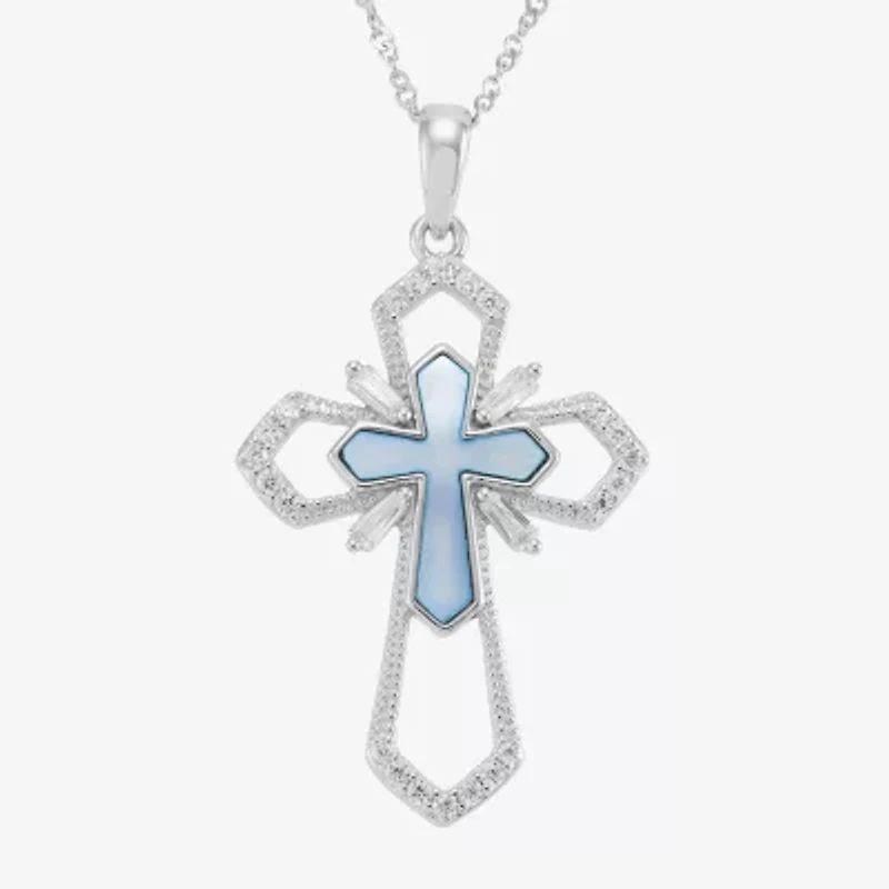 DiamonArt® Womens Blue Cubic Zirconia Sterling Silver Cross Pendant Necklace