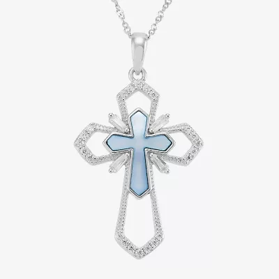 DiamonArt® Womens Blue Cubic Zirconia Sterling Silver Cross Pendant Necklace