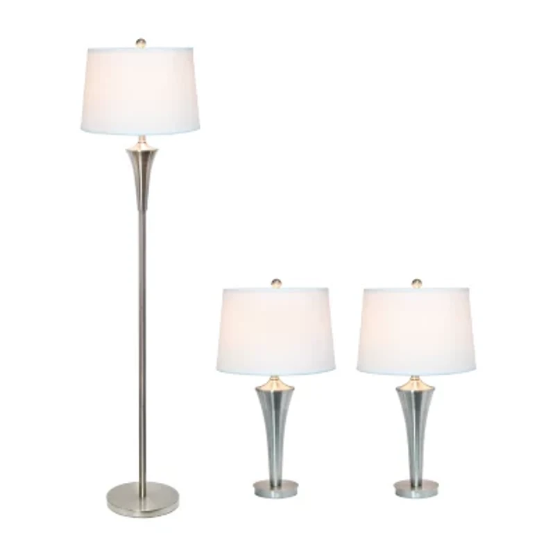 All the Rages Elegant Designs Brushed Nickel Tapered With White Shades 3-pc. Lamp Set