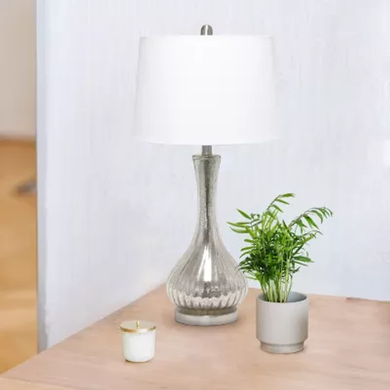 All the Rages Lalia Home Speckled Mercury Tear Drop  With White Fabric Shade Glass Table Lamp