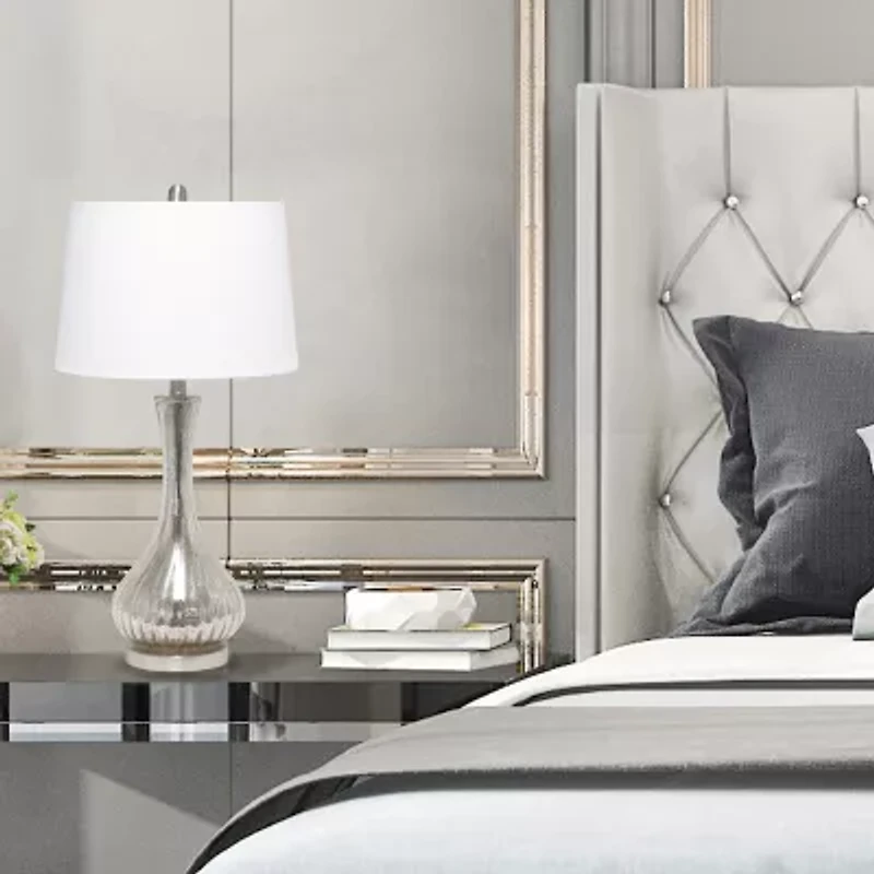 All the Rages Lalia Home Speckled Mercury Tear Drop  With White Fabric Shade Glass Table Lamp