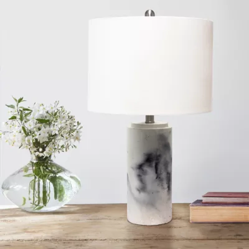 All the Rages Lalia Home Marbleized With White Fabric Shade Concrete Table Lamp