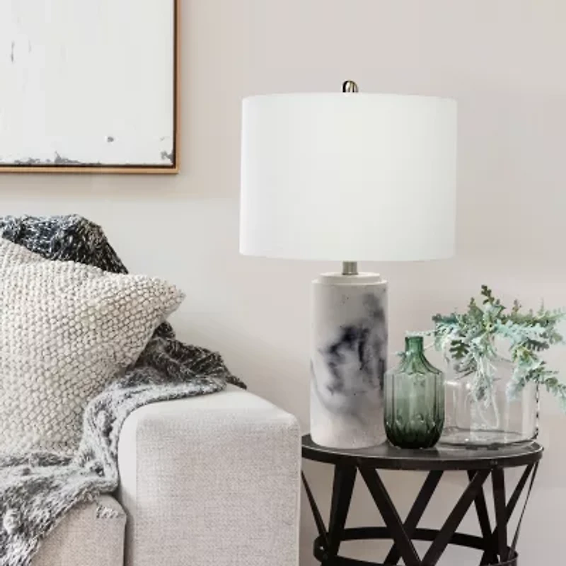 All the Rages Lalia Home Marbleized With White Fabric Shade Concrete Table Lamp