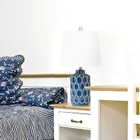 Blue Polyresin Table Lamp with White Fabric Shade