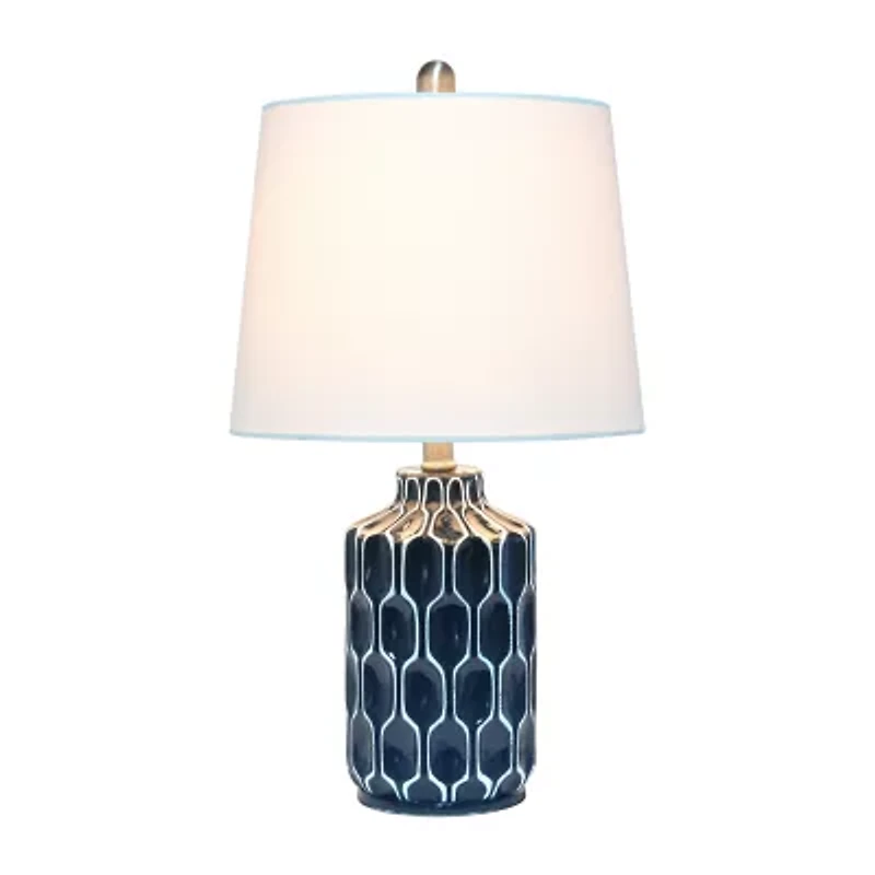 Blue Polyresin Table Lamp with White Fabric Shade