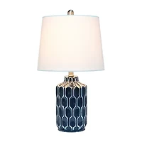 Blue Polyresin Table Lamp with White Fabric Shade