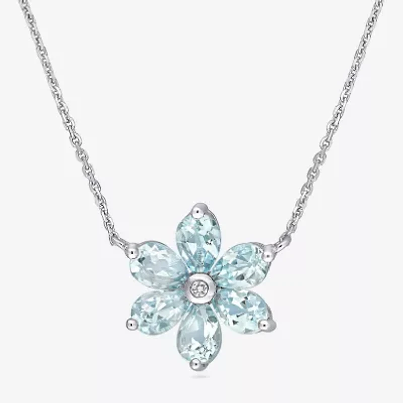 Womens Diamond Accent Genuine Blue Aquamarine 14K White Gold Flower 17 Inch Pendant Necklace