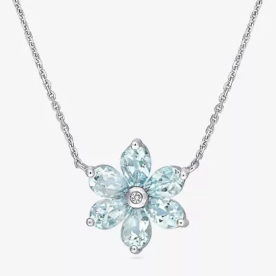 Womens Diamond Accent Genuine Blue Aquamarine 14K White Gold Flower 17 Inch Pendant Necklace