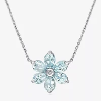 Womens Diamond Accent Genuine Blue Aquamarine 14K White Gold Flower 17 Inch Pendant Necklace