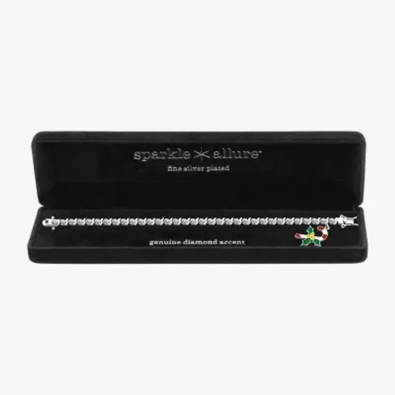 Sparkle Allure Candy Cane Charm Womens Natural White Diamond Accent Pure Silver Over Brass 7.25 Inch Tennis Bracelet