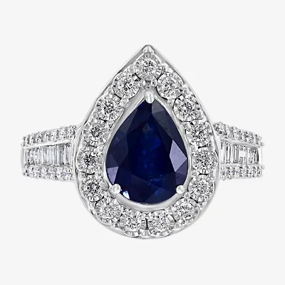 Effy Final Call Womens 1/2 CT. T.W. Diamond & Genuine Blue Sapphire 14K White Gold Pear Halo Cocktail Ring