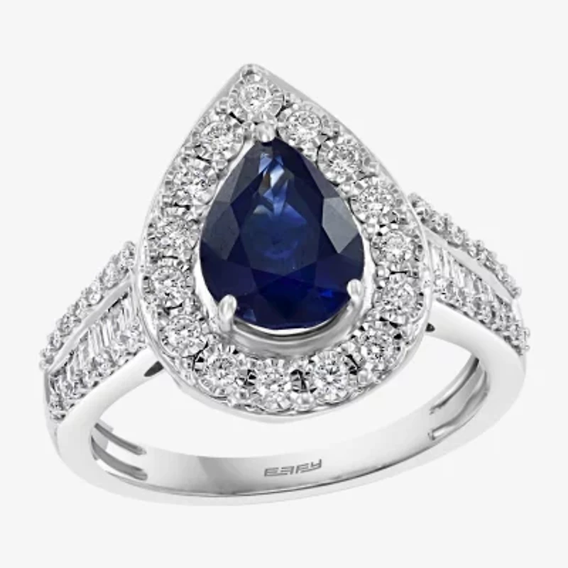 Effy Womens 1/2 CT. T.W. Diamond & Genuine Blue Sapphire 14K White Gold Pear Halo Cocktail Ring