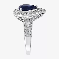 Effy Womens 1/2 CT. T.W. Diamond & Genuine Blue Sapphire 14K White Gold Pear Halo Cocktail Ring