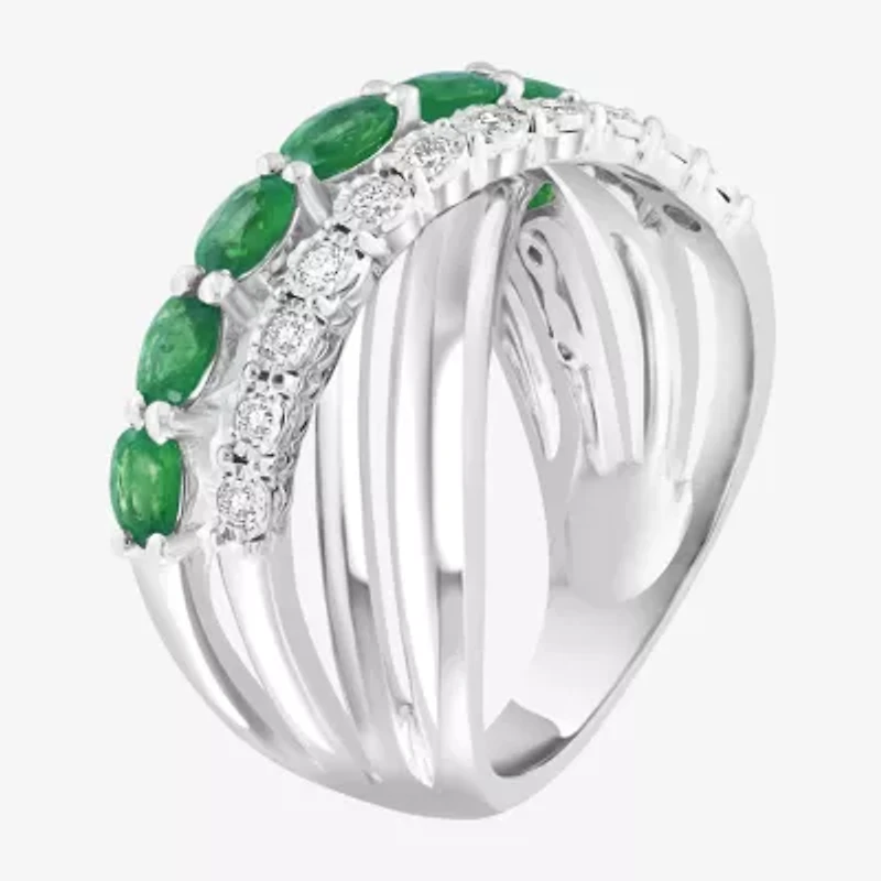 Effy 1/6 CT. T.W. Diamond & Genuine Green Emerald Sterling Silver Crossover Band