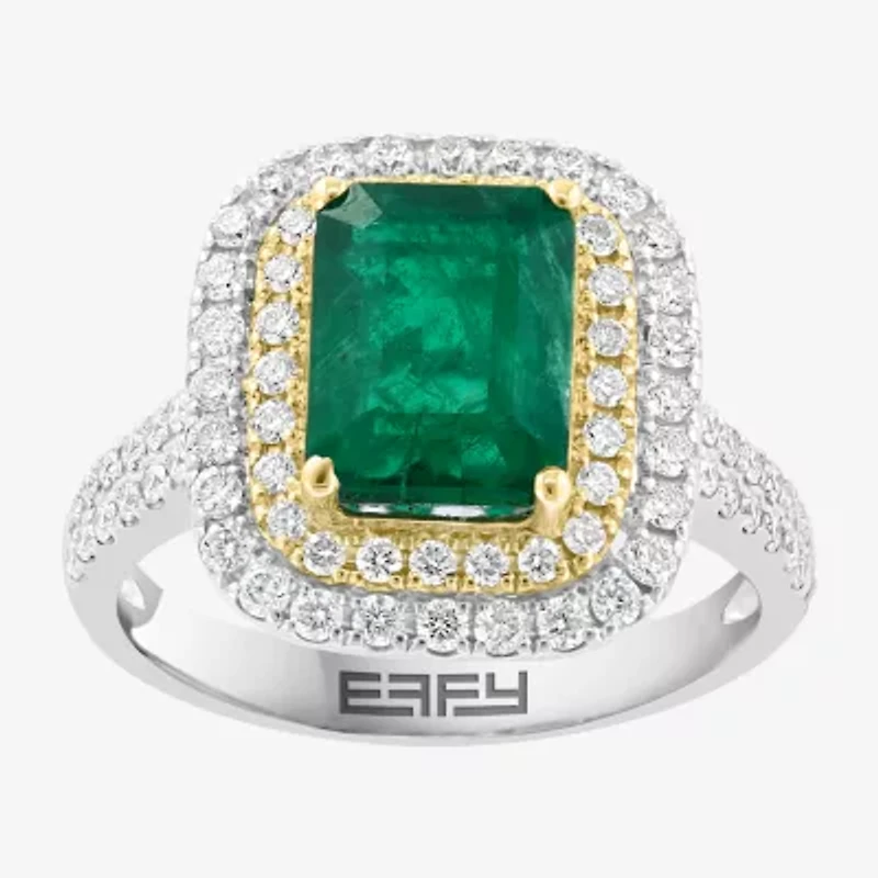 Effy  Womens 1/5 CT. T.W. Diamond & Genuine Green Emerald 14K Gold Cocktail Ring